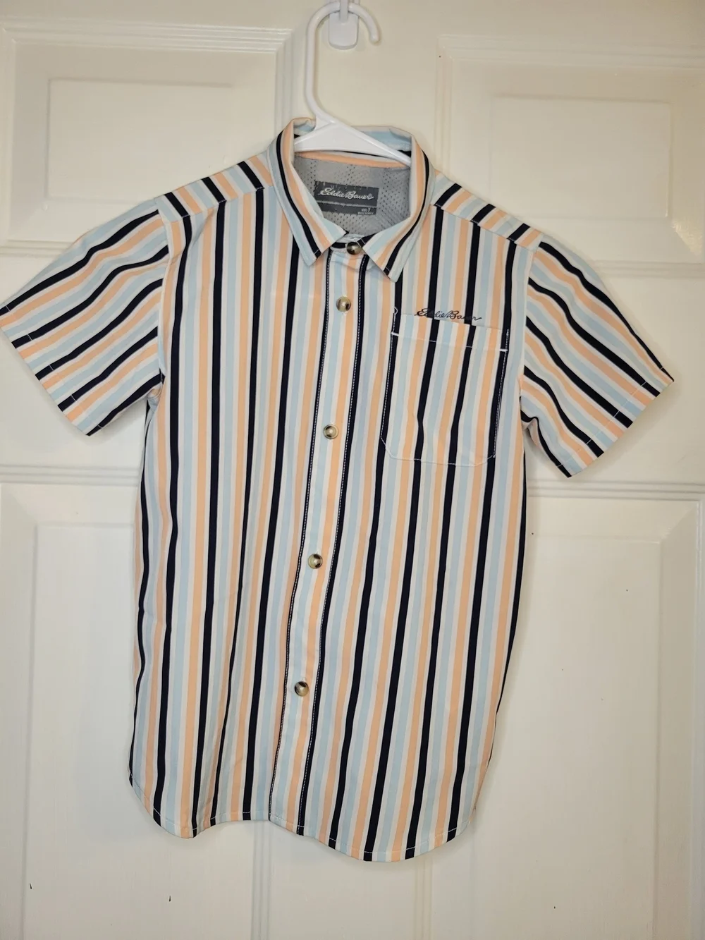 Eddie Bauer Men’s Short Sleeve Stripe Button-Up Shirt - White/Blue/Tan